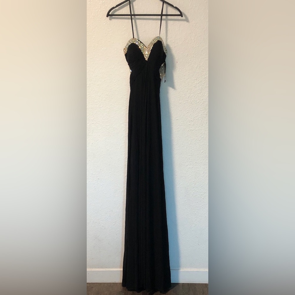 Black Evening Gown with Beaded Sweetheart Neckline